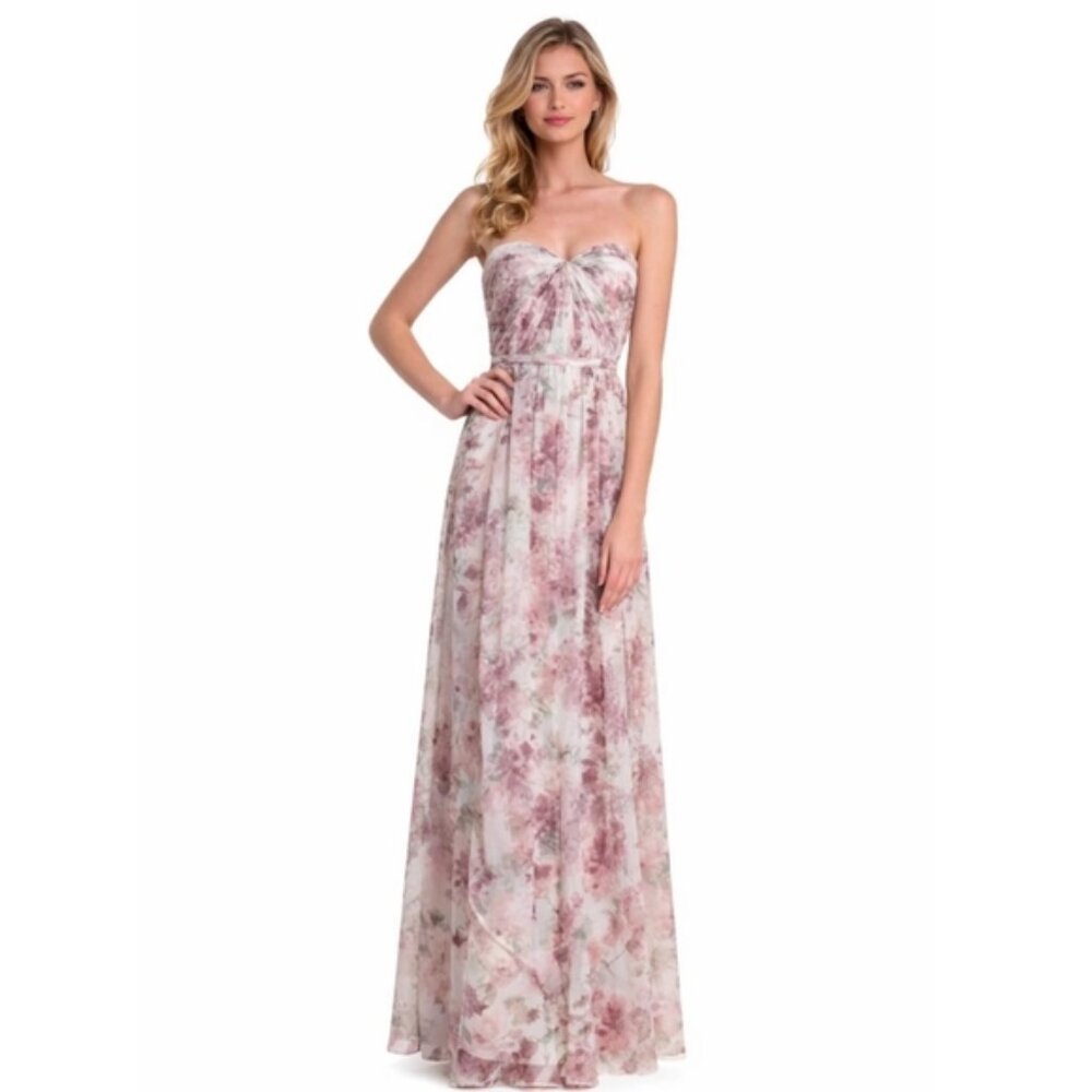 Jenny Yoo Strapless Sweetheart Floral Chiffon Maxi Gown